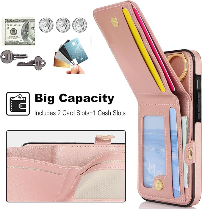 Compatible iPhone 16 Wallet Case with Card Holder RFID Blocking PU Leather Doubles as a Wallet Unisex Flip Shockproof Protection with Card Slots Ring Wrist Kickstand Function,Rose Gold