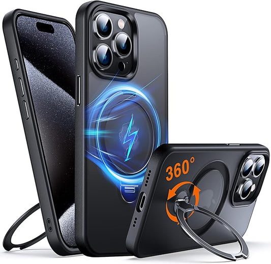 360° O-Ring MagStander for iPhone 15 Pro Case with Magnetic Kickstand Ring Holder [Compatible with MagSafe][360°Rotate Stand Ring][Military Shockproof] iPhone 15 Pro Phone Cover Matte Black