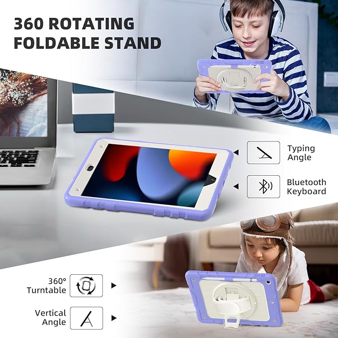 Case for iPad 9th/8th/7th Generation-Built-in Screen Protector,with Pencil Holder&360°Rotating Hand Strap,Shoulder Strap,Case for iPad 10.2 inch 2021-2019(Purple/Beige)
