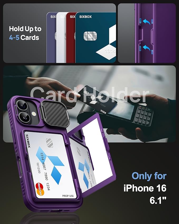 for iPhone 16 Case Wallet, Built-in Credit Card Holder & Stand & Camera Lens Cover, Military Grade Drop Tested Soft Silicone Edge Rugged Protective Phone Case for iPhone 16 6.1" 2024, Purple