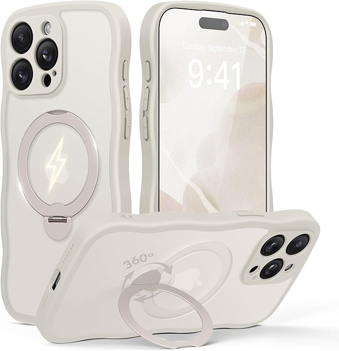 GolbinBox for iPhone 15 Pro Case,[Compatible with Magsafe][360°Magnetic Stand][Cute Wave Edge][18ft Military-Grade Protection] Translucent Matte Phone Women Case for iPhone 15 Pro,Stone