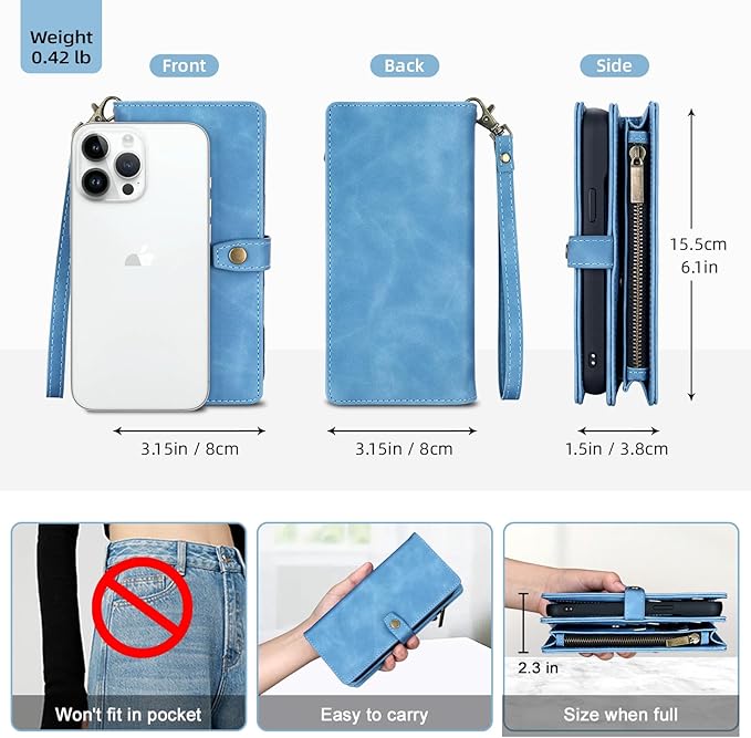 TwoHead Wallet Case Compatible with iPhone 15 Pro,Detachable Magnetic Phone Case,All-Round Protective Leather Phone Case with Card Holder,6.1 in,Sky Blue