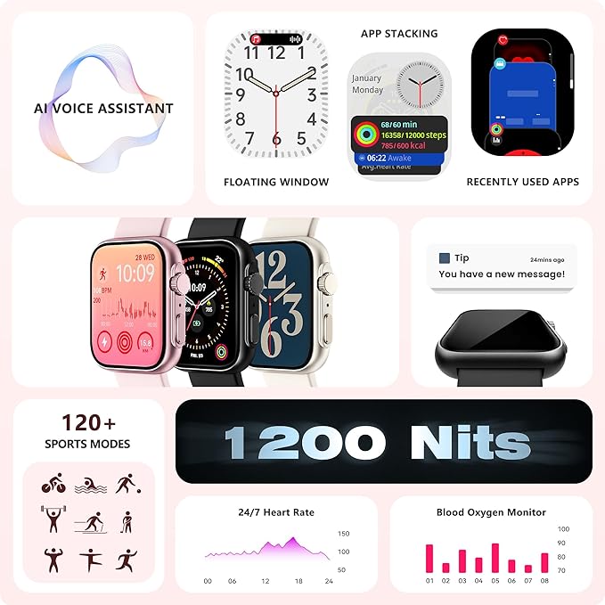 Smart Watch for Men Women, Bluetooth Call, 120+ Sports Modes, Sleep Tracking, Step & Calorie Counter, Water Resistant Smartwatch for Android iPhone (Pink)