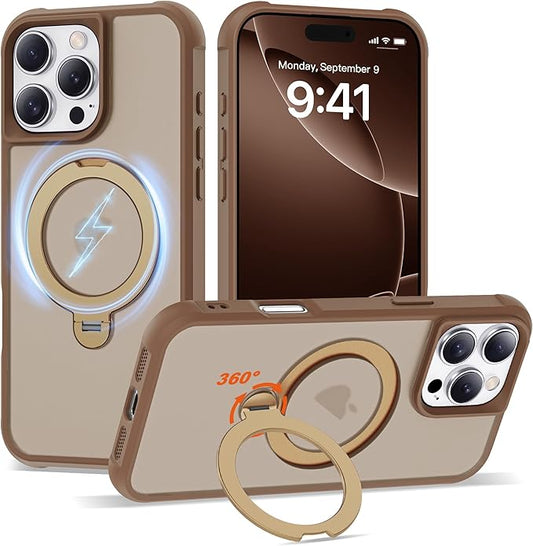 Compatible with iPhone 16 Pro Max Case with Invisible Magnetic 360°Spin Stand,Military-Grade Shockproof Protection [Compatible with Mag-safe] Non-slip Edge Translucent Case (6.9",Desert Brown)