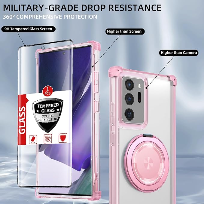 Magnetic for Samsung Galaxy Note 20 Ultra Case Compatible with MagSafe Wireless Charging,with Screen Protector,Phone Case Built-in 360°Kickstand Shockproof Military Grade Drop Protection Pink
