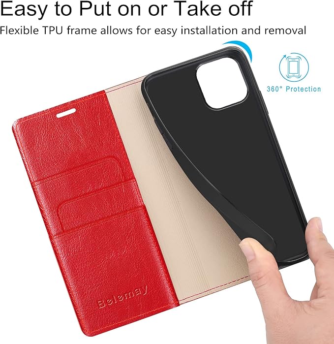 Belemay Compatible with iPhone 14 Pro Wallet Case-Genuine Leather Flip Phone Case-RFID Blocking Card Holders-Shockproof TPU Shell Folio Book Cover Women Men Compatible with iPhone 14 Pro (6.1") Red