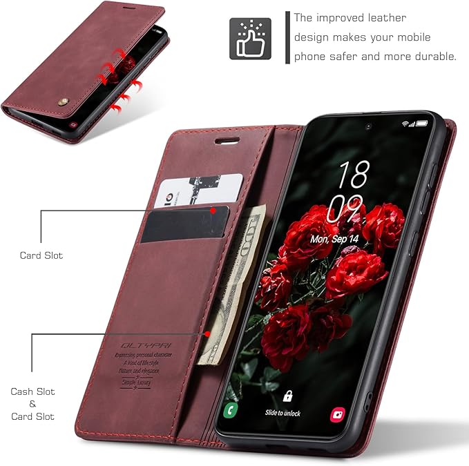 QLTYPRI Case for Samsung Galaxy S24, Vintage PU Leather Wallet Case Card Slot Kickstand Magnetic Closure Shockproof Flip Folio Case Cover for Samsung Galaxy S24 - Red