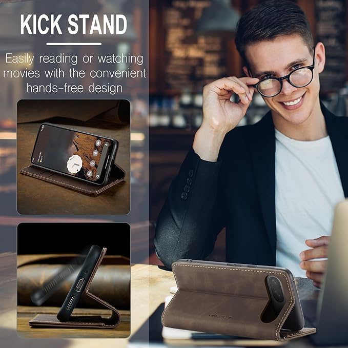 for Google Pixel 10 Pro/Pixel 10/Pixel 9/Pixel 9 Pro Case, Flip Wallet Leather Case with Card Holder Magnetic Closure Shockproof Kickstand Protective Phone Cases Cover, Coffee