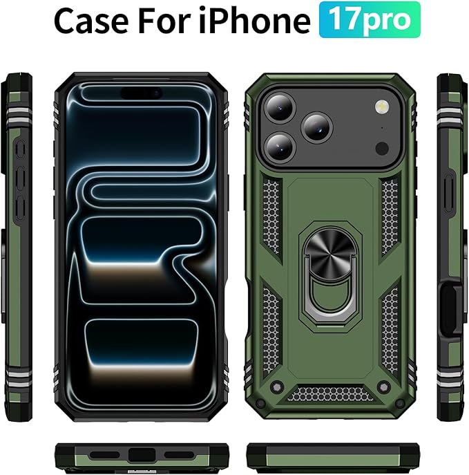 ADDIT Compatible with iPhone 17 Pro Case with Tempered Glass Screen Protector, Adjustable Kickstand Ring, Military-Grade Heavy Duty Protection, Shockproof, Anti-Fingerprint,ArmyGreen