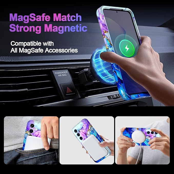 Casetego for Galaxy S24 Case,Compatible with MagSafe,[Military Grade Drop Test] Full Body Protection Slim Shockproof Rugged Marble Women Case for Samsung Galaxy S24 6.2 inch,Azure Blue