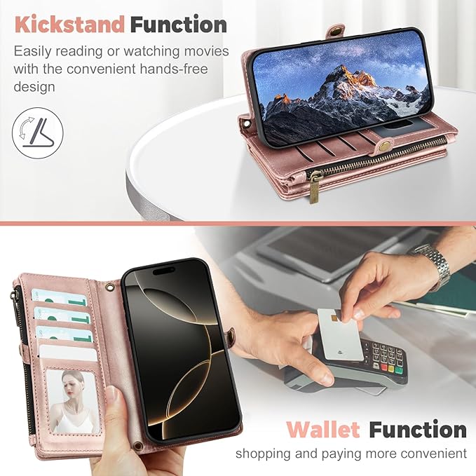 for iPhone 16 Pro Wallet Phone Case with 7 Card Holder,RFID Blocking | PU Leather | Kickstand | Flip | Wrist Strap&Shoulder Strap | Shockproof | Zipper Wallet | Women Men | 6.3" | Rose Gold