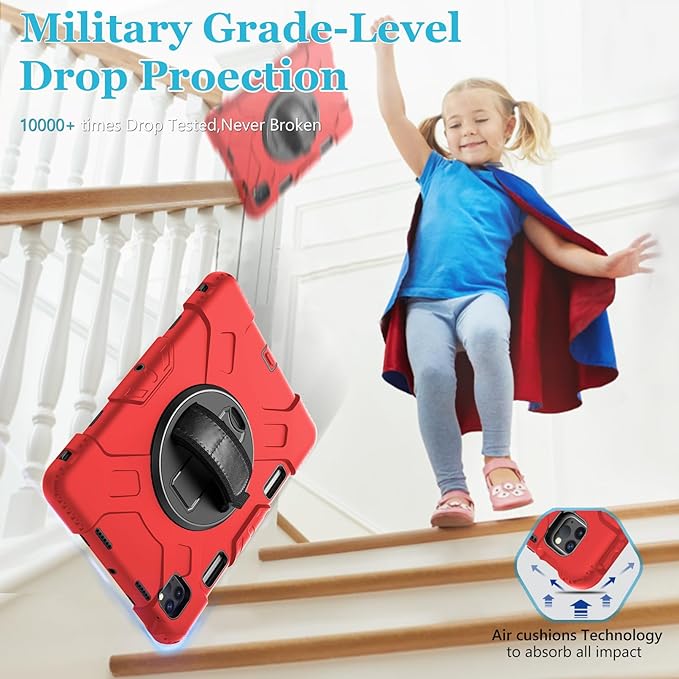 Case for iPad Pro 11 Inch 2022/2021/ 2020/2018: Silicone Cover for iPad 11 Inch 4th/ 3rd/ 2nd/ 1st/ Generation with Screen Protector- Stand- Handle- Shoulder Strap- Pencil Holder- Red