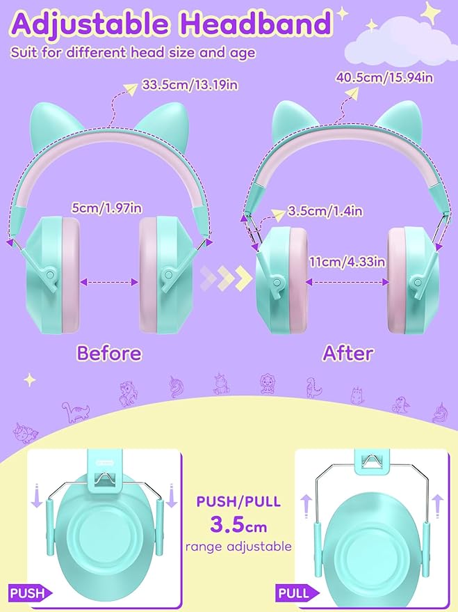 Dr.meter Ear Muffs for Noise Reduction: 32SNR Noise Cancelling Headphones for Kids with Adjustable Head Band, Kids Ear Hearing Protection Pink+Green