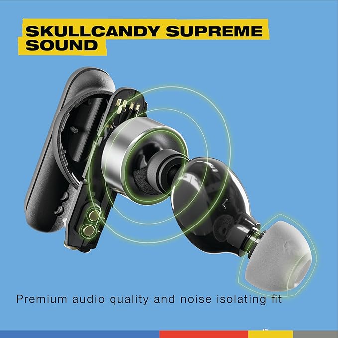 Skullcandy Smokin’ Buds Wireless Earbuds, Bluetooth Headphones, Noise Isolating Fit, Up to 20 Hours Battery, IPX4 Sweat and Water Resistant, Microphone for iPhone Android - Midnight Smoke