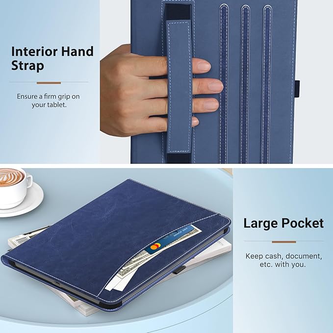 MoKo Case for Samsung Galaxy Tab A9 Plus 11" 2023 (SM-X210/SM-X216/SM-X218), PU Leather Multi-Angle Viewing Folding Stand Cover Case with Hand Strap, Front Pocket, Auto Wake/Sleep, Navy Blue