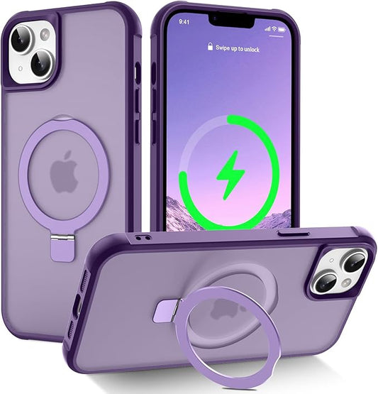 Magnetic Compatible with iPhone 14 Plus Case with Stand [Military Grade Drop Tested][Compatible with Magnet] Ring Translucent Slim Hard Back Soft Edge, Purple