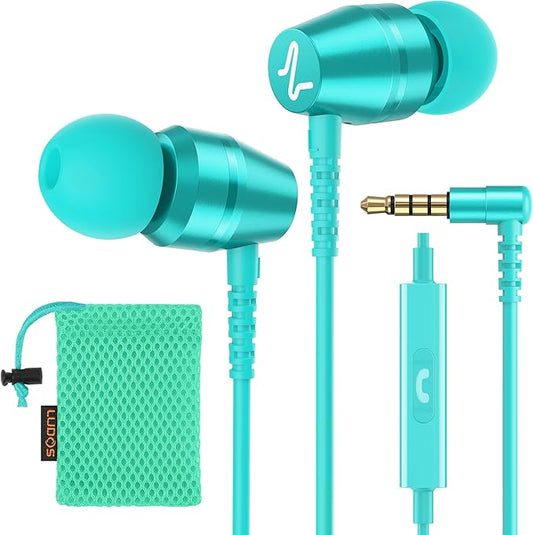 LUDOS OMNITONE Wired Earbuds in-Ear Headphones, 5 Years Warranty, Earphones with Microphone, 3.5 mm Jack Corded Ear Buds, Videoconference for iPhone, Samsung, Laptop, Kids, School Students - Turquoise