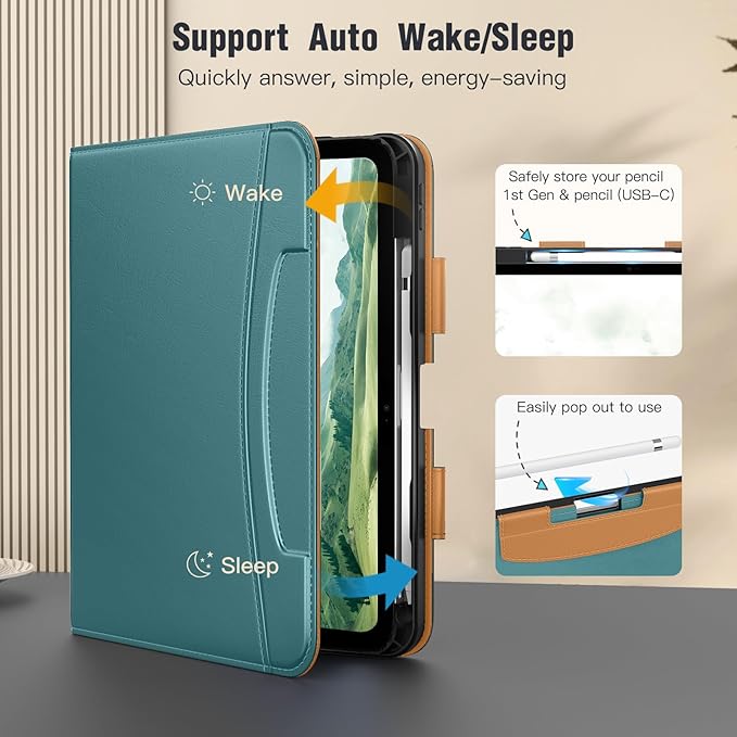 MoKo for iPad (A16) 11th Generation Case 11 inch 2025, iPad 10th Generation Case 10.9" 2022 with Pencil Holder & Pocket, Premium Leather Folio Stand Cover, Multiple Viewing Angles, Turquoise