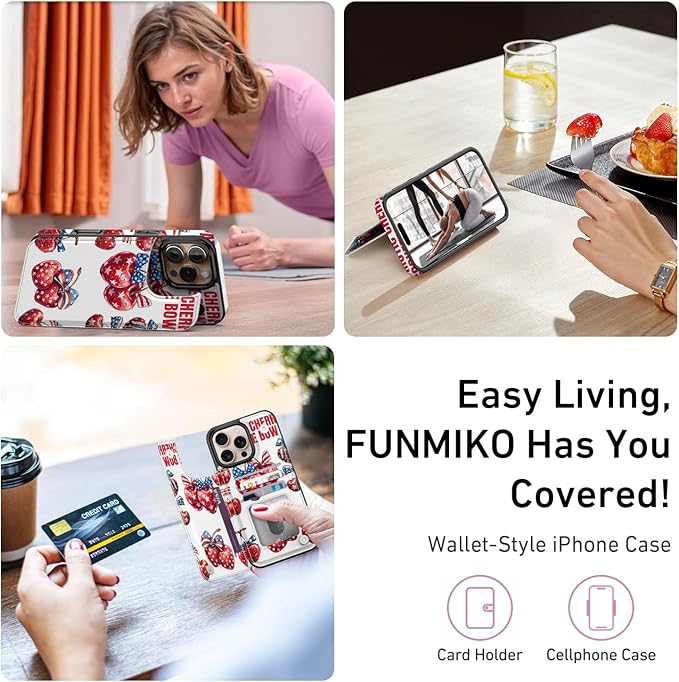 FUNMIKO for iPhone 16 Pro Max Wallet Case with Card Holder, RFID-Blocking, Military-Grade Protection & UV-Printed Artwork, Magnetic Closure with Leather Kickstand - Cherries with Bow