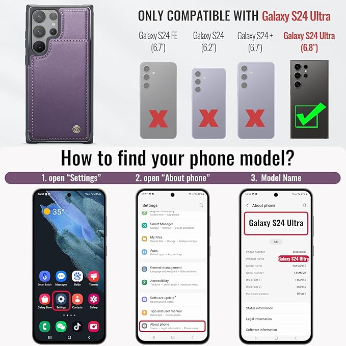 Vinich for Samsung Galaxy S24 Ultra Wallet Case with Card Holder, RFID Blocking Credit Slots Kickstand Shockproof Phone Cover for Women Men, Purple