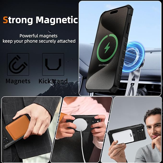 Magnetic for iPhone 15 Pro Case Compatible with MagSafe Wireless Charging,15Pro Phone Case with 2Screen Protector,with Kickstand Ring Military Grade Drop Shockproof Heavy Duty Protection Black