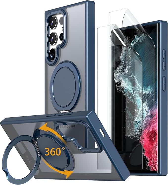 Magnetic Stand Case for Samsung Galaxy S22 Ultra/S23 Ultra [with 2 Screen Protectors] [360° Rotation Magnetic Stand] [Compatible with Magsafe] Military-Grade Drop Protection Case, Blue