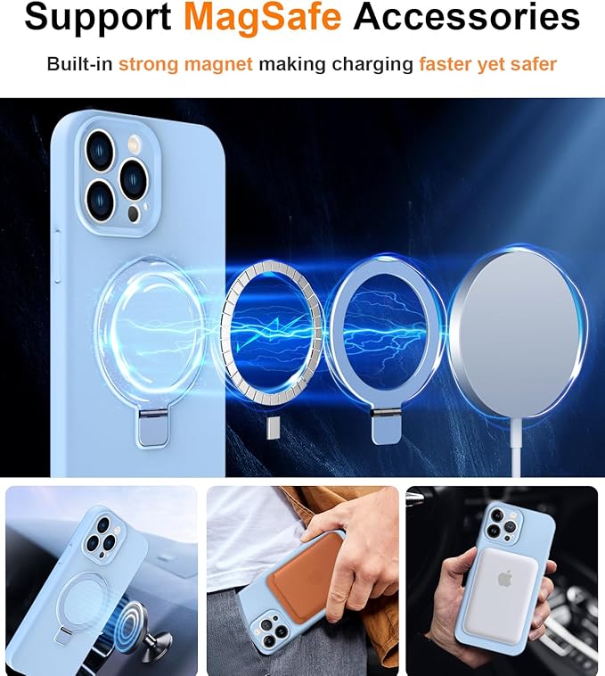 ZHK Liquid Silicone Designed for iPhone 13 pro max Case with Magnet Stand, [Precise Camera Lens Protection][Mil-Grade Drop Shockproof][Soft Anti-Scratch Microfiber Lining] Slim Fit Cover,Baby Blue