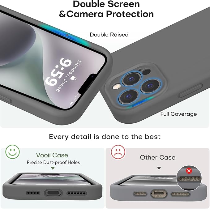Vooii Compatible with iPhone 13 Pro Case, Liquid Silicone Upgrade [Camera Protection] [Soft Anti-Scratch Microfiber Lining] Shockproof Phone Case for iPhone 13 Pro 6.1 inch - Dark Grey