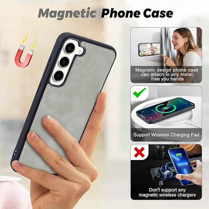 TwoHead for Samsung Galaxy S23 Wallet Case with Card Holder & Detachable Magnetic Phone Case for Galaxy S23,PU Leather Shockproof Protective Phone Cover Wallet with Wrist Strap(6.1 in,Gray)