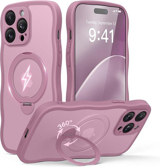 for iPhone 14 Pro Max Case for Women,[Compatible with Magsafe][360° Spin Magnetic Stand][Cute Wave Edge][Military-Grade Protection]Translucent Matte Phone Case for iPhone 14 ProMax, Blackcurrant