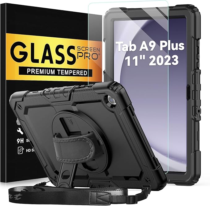 Bundle of Case for Samsung Galaxy Tab A9 Plus 11 Inch 2023 with Tempered Glass Screen Protector Pencil Holder,BLOSOMEET Galaxy A9+ Plus Tablet Case with Shoulder Strap Hand Strap&Stand,Black