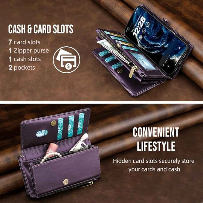 for iPhone 17 Wallet Phone Case with 7 Card Holder,RFID Blocking | PU Leather | Kickstand | Flip | Wrist Strap&Shoulder Strap | Shockproof | Zipper Wallet | Women Men | 6.3" | Purple
