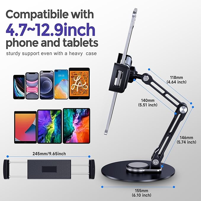 Tablet Stand Holder for iPad, Adjustable with 360 Rotating Base for Desk, Aluminum Swivel Tablet Stand Compatible with iPad Air, Mini, 10.2,9.7, Pro 11/13 and More, Black