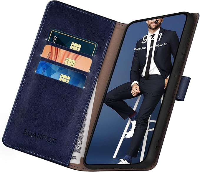 SUANPOT for Samsung Galaxy S23 5G Wallet case with RFID Blocking Credit Card Holder,Flip Book PU Leather Protective Cover Women Men for Samsung S23 Phone case Blue