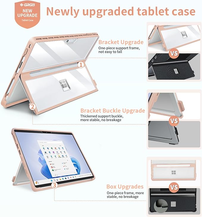 Case Updated Version fit Microsoft Surface Pro 11/10 /9/8 13-Inch, All-in-one Rugged Case Compatible with Type Cover Keyboards, Transparent&Pink