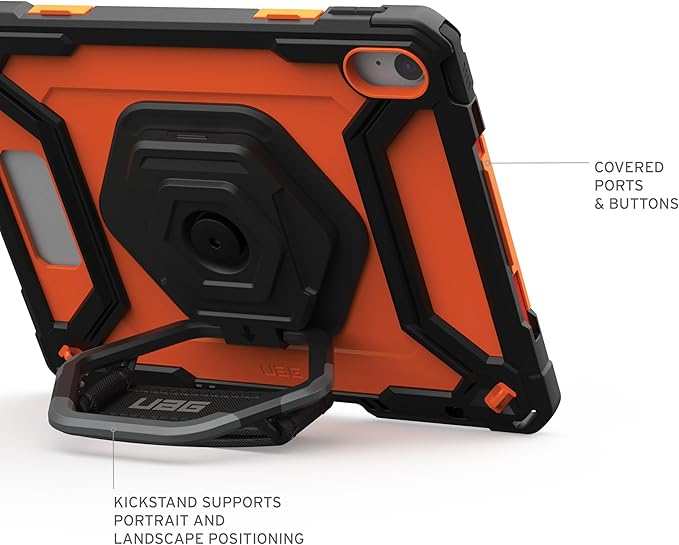 URBAN ARMOR GEAR UAG Designed for iPad 11" A16 11th Gen 2025, 10.9" 10th Gen 2022 Case w/Built-in Screen Protector A3354 A3355 Rugged Protective Cover w/Kickstand & Hand Strap, Plasma Orange/Black