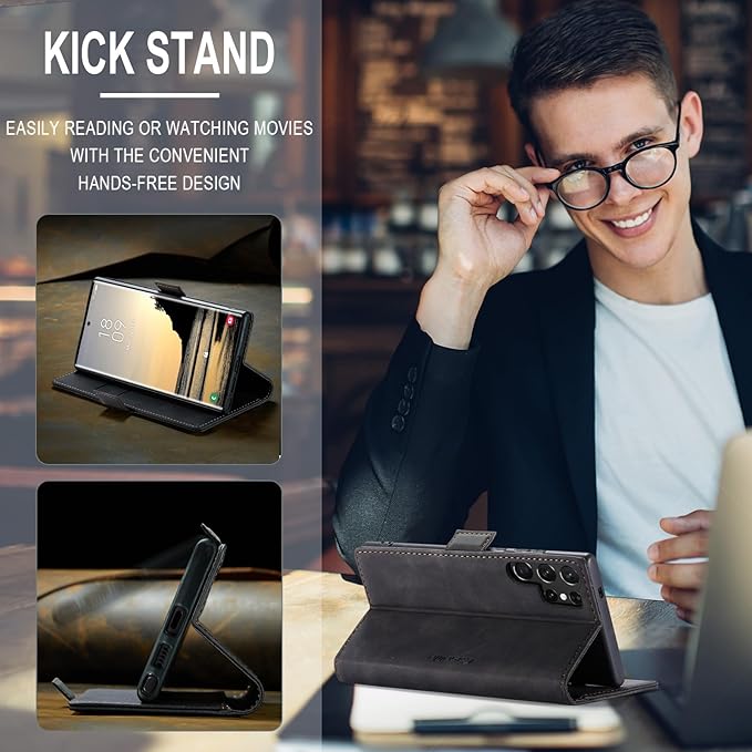 for Samsung Galaxy S25 Ultra Case, Flip Wallet Leather Case with Card Holder Magnetic Closure Shockproof Kickstand Protective Phone Cases Cover for Galaxy S25 Ultra, Black