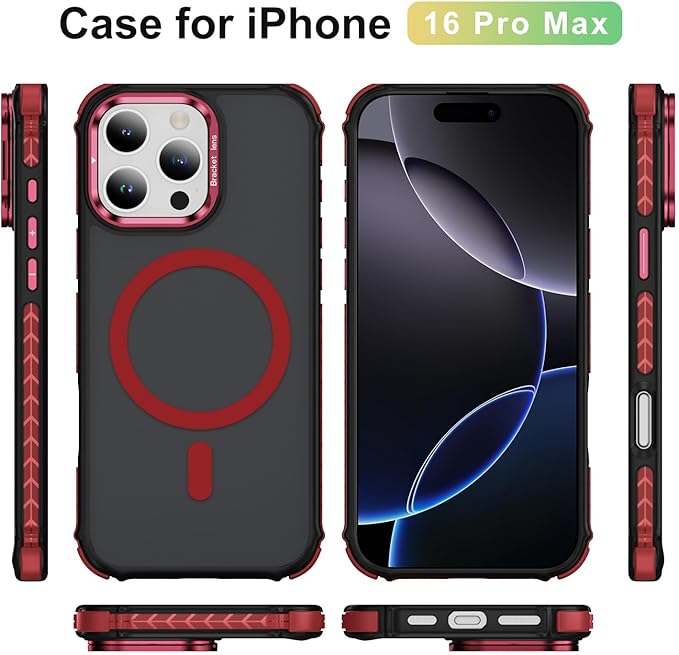 Magnetic for iPhone 16 Pro Max Case Red with MagSafe Wireless Charging Heavy Duty Military-Grade Shockproof Protection Adjustable Kickstand Slim Matte Anti-Fingerprint Cover Men Women
