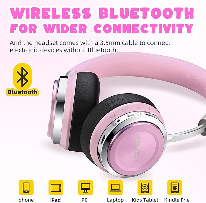 PROHEAR 010 Pro Active Noise Cancelling Headphones for Kids – Bluetooth, 85dB Safe Volume, 80H Playtime, Hi-Fi Over-Ear Wireless Headphones with Mic for iPad, Tablet, Travel – Pink