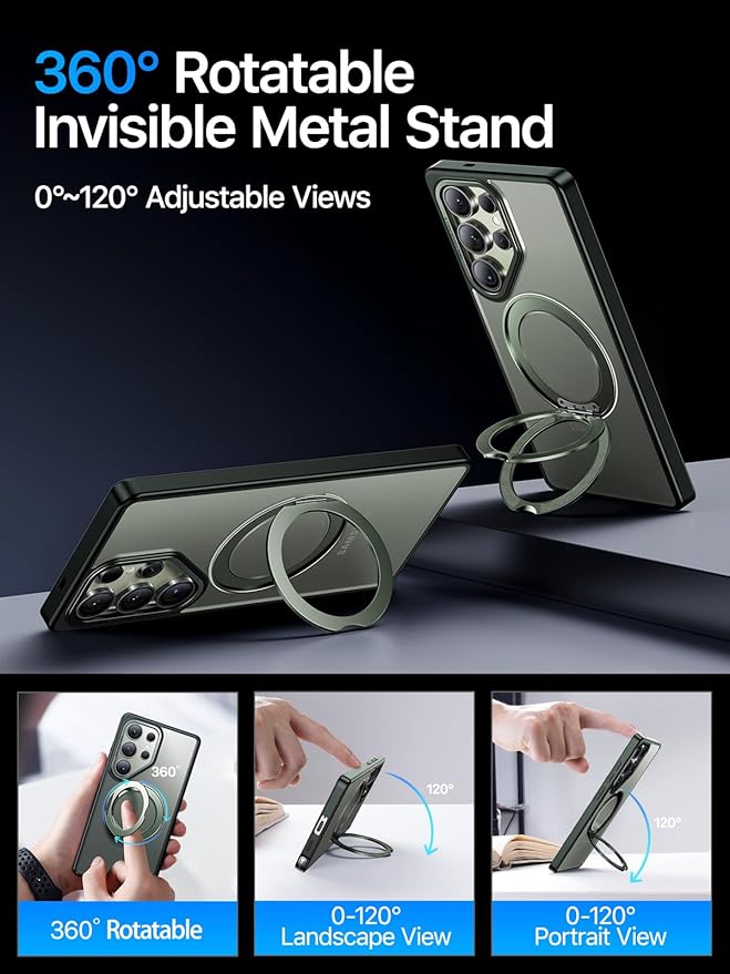 QTlier Phone case for Galaxy S25 Ultra- 360 Rotatable Magnetic Ring Stand, Military-Grade Protection, Raised Camera Frame Green