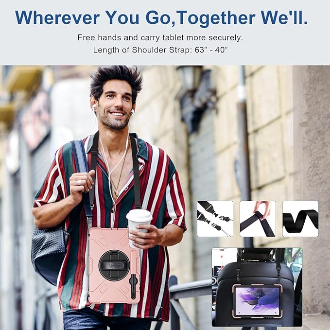 SUPFIVES Case for Samsung Galaxy Tab S7 FE 12.4 Inch 2021 : [Upgraded Military Grade] Full-Body Rugged Protective Soft Silicone Cover - Kick Stand- Handle/Shoulder Strap- S Pen Holder- Pink