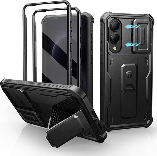 Dexnor for Samsung Galaxy S25 Edge Case with Upgraded Slide Camera Cover & 2 Front Frames & Built-in Screen Protector & Kickstand, Heavy-Duty Rugged Case Full-Body Bumper Protective Cover,Black