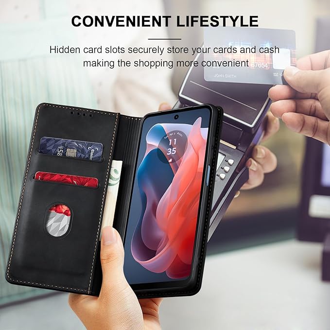 Jasonyu Flip Wallet Case for Moto G Play 4G (2024),Leather Magnetic Folio Cover with Card Holder,Kickstand - TPU Shockproof Durable Protective Phone Case,Black