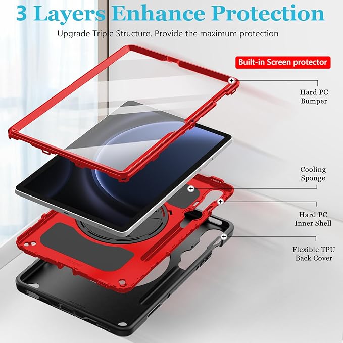 Case for Galaxy Tab S10 Lite &S10 FE S9 FE 10.9"/S9 11 Inch: TPU Cover for Samstng Tablet S10 FE/ 2025/ S9 FE & S9 2023 5G with Screen Protector- Stand- Handle-Shoulder Strap-S-Pen Holder-Red+Black