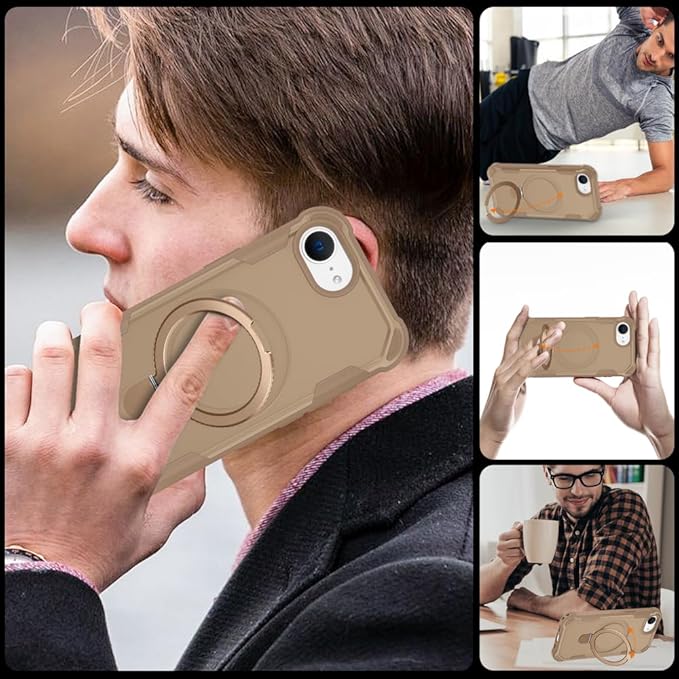 Designed for iPhone 16E Case with Magnetic Stand [Military Drop Protection][Compatible with Magnet] Shockproof 16E Phone Case with Ring Holder, Khaki