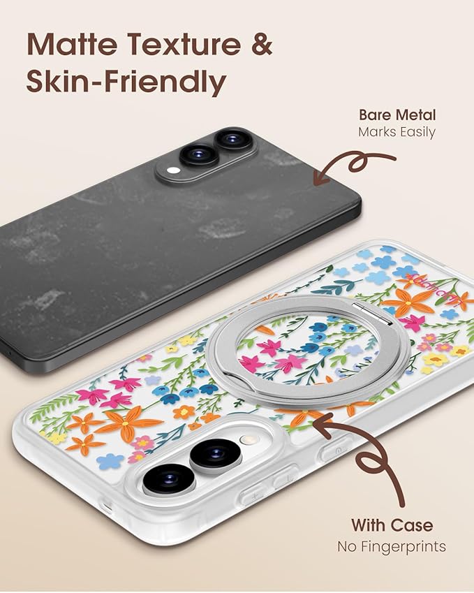 for Samsung Galaxy S25 Edge Case with 360° Rotatable Magnetic Ring - Compatible with MagSafe, Semi-Transparent Soft-Touch Material Shockproof, Cute Colors Flower Design for Women Girl