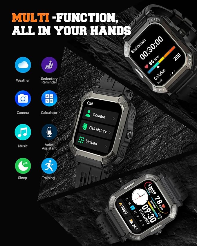 Military Smart Watches for Men (Answer/Make Calls),1.91'' Fitness Smart Watch for Android and iPhone,IP68 Waterproof Fitness Tracker with Step Counter/Sleep Monitor/110+ Sport Modes,Smartwatch for Men