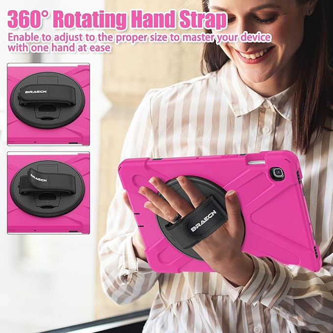 BRAECNstock for Samsung Galaxy Tab S5e Case 10.5 inch 2019 (SM-T720/T725/T727) Shockproof Protective Galaxy Tab S5e Kids Cover with Screen Protector Rotating Stand & Hand Strap Pen Holder - Rose Red
