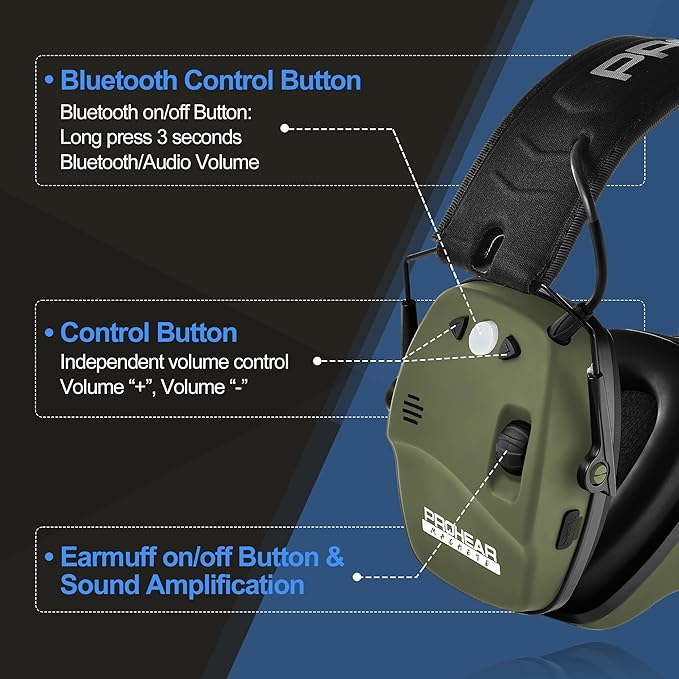 PROHEAR 030 2.0 Bluetooth Rechargeable Shooting Ear Protection, Slim Noise Cancelling Earmuffs, NRR 22dB for Hunting & Tactical Gun Range - Green