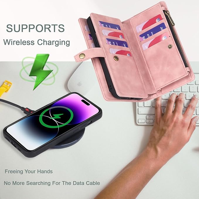 TwoHead Wallet Case Compatible with iPhone 15 Pro,Detachable Magnetic Phone Case,All-Round Protective Leather Phone Case with Card Holder,6.1",Pink